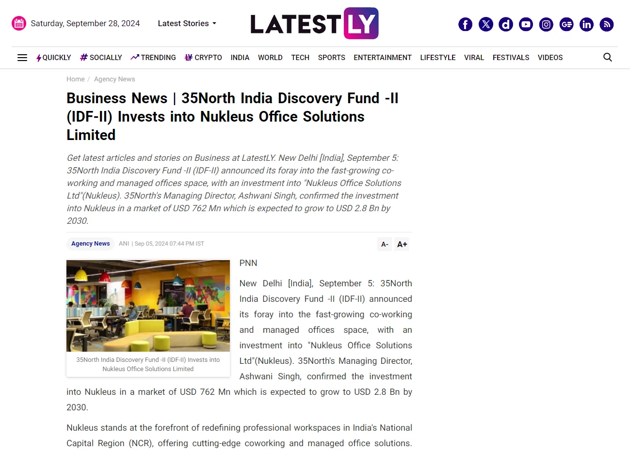 Latestly news published article Business News | 35North India Discovery Fund -II (IDF-II) Invests into Nukleus Office Solutions Limited