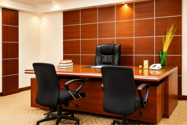 Executive office with a large wood desk, three black office chairs, and a wood-paneled wall; beige carpet and a tall vase with reeds on the desk.