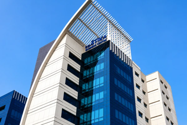Modern office building with blue glass facade and a white structural canopy against a clear blue sky.