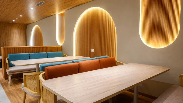 Modern cafe seating area with light wood tables, blue and orange cushions, and backlit circular wall arches.